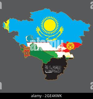 Map of Central Asia with Afghanistan captured by the Taliban. Instead of the flag of Afghanistan, there is a Taliban sign on the contour of the countr Stock Vector