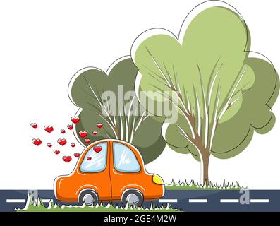 Vector image of a car driving on an asphalt road. hearts from the car window indicate a warm relationship between people traveling in it. The concept Stock Vector