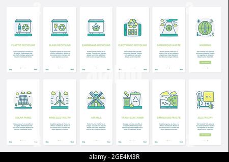 Eco technology, renewable energy sources vector illustration. UX, UI onboarding mobile app page screen set with line recycling plastic, glass, paper and electronic appliances, warming environment Stock Vector