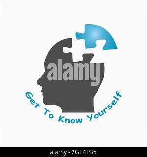 Silhouette of puzzle head of man showing Get To Know Yourself concept vector isolated on a white background. Stock Vector
