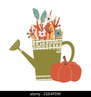 Cute fall clipart colourful watering can and pumpkin cozy design elements Stock Vector