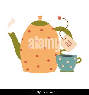 Cup and teapot. Dishes with ornaments, vector dishes for breakfast. Stock Vector