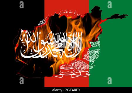 Afghanistan flag, Taliban insignia and country outline map with burning fire background. Afghanistan problem concept. Stock Photo