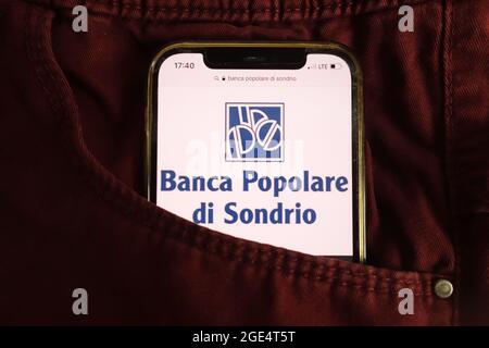 KONSKIE, POLAND - August 04, 2021: Banca Popolare di Sondrio logo displayed on mobile phone Stock Photo