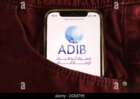 KONSKIE, POLAND - August 04, 2021: Abu Dhabi Islamic Bank logo displayed on mobile phone Stock Photo