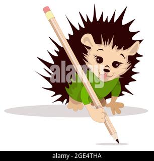 Vector image of a hedgehog with a pencil from a series of illustrations with a hedgehog Stock Vector