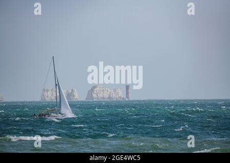 Sailing in the Solent just off the Needles off the coast of the Isle of Wight Stock Photo