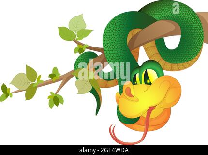 Vector image of a green snake hanging on a tree branch made in cartoon style, but having a volume. Stock Vector