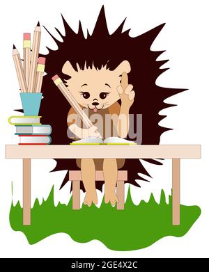 Vector image of a hedgehog at the table. Series of pictures Stock Vector
