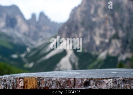 Empty cut trunk with blur background of fresh and green mountain. In the background green trees and high mountains. Blurred background. Copy space for Stock Photo