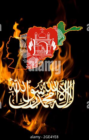 Afghanistan flag, Taliban insignia and country outline map with burning fire background. Afghanistan problem concept. Stock Photo