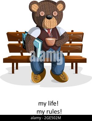 Vector image of a soft toy bear, depicted alive with a hint of humanity and aristacratic origin on a dough with a cup of hot milk and a book. Concept. Stock Vector