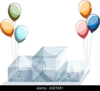 Vector image of an ice 3 place trophy pedestal decorated with balloons. Cartoon style. EPS 10 Stock Vector