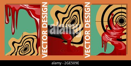 Vector image consisting of three interconnected images with one element in the form of a target and red smudges with a gun barrel. The concept of endi Stock Vector