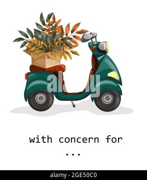 Vector image of a bouquet of foliage or plants in a box, standing on the seat of a scooter with a meaningful inscription. The concept of delivering go Stock Vector