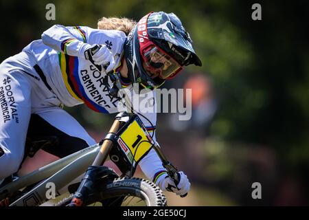 Camille Balanche of Switzerland in action during the UCI MTB DHI World Cup in Maribor, Slovenia, August 15, 2021. (CTK Photo/Michal Cerveny) Stock Photo