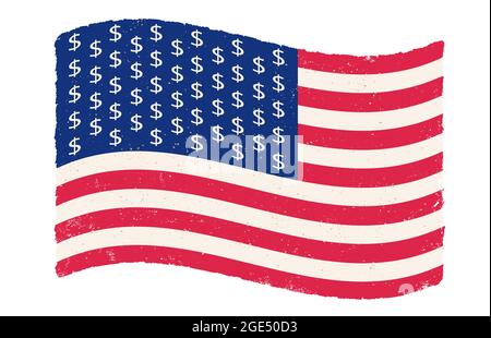 Vector vintage American flag with dollar signs instead stars. USA flag on isolated background with dollar signs. Flag of USA in retro style.