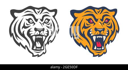 Vector retro sport logo with head of a tiger. Vintage print for t-shirt of angry tiger. Vector set icons of tiger head. Stock Vector
