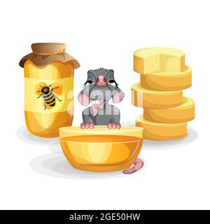 Vector image of a mouse sitting among cheese and honey products on a white background. Concept. EPS 10 Stock Vector