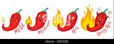 Vector st illustration of a spicy chilli peppers with flame. Cartoon red chilli for Mexican or Thai food. Cartoon different red chillies. Stock Vector