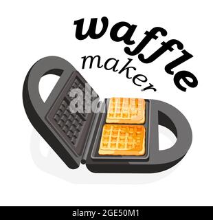 Vector illustration of a waffle iron for web design on a white background with the inscription. Rectangular waffle maker with square waffles. Stock Vector