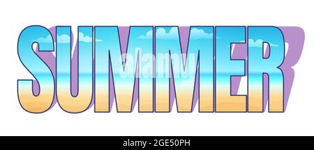 Vector typography with tropical beach. Vector summer lettring with tropical beach. Sand and sea. Summer sale time. Stock Vector