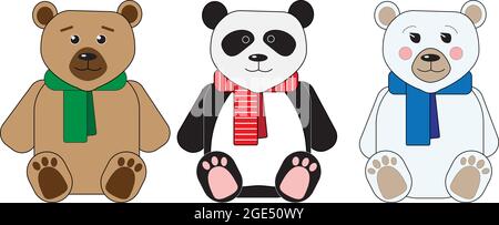 Three teddy bears: panda, teddy, polar bear, sitting in multicolor scarves Stock Vector