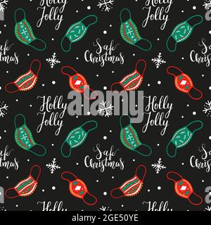 Covid Christmas, various face masks with christmas ornaments, seamless pattern, wrapping paper design, handwritten lettering, vector background Stock Vector