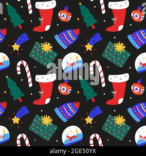 Christmas pattern, santa stocking, christmas gifts, candy canes, hand drawn doodle illustrations, wrapping paper design, repeating ornament Stock Vector