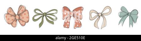 Collection of hand drawn vector bows and ribbons. Vector illustration. Cute freehand colored bow doodle, Black outline girl hair accessories Stock Vector