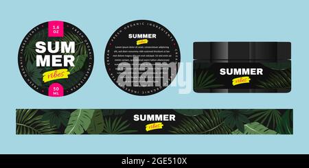 Skin care product packaging design, beauty product package layout with tropic leaves illustration, branding design with label Stock Vector