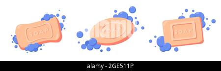 Bar of soap with foam isolated on white background collection. Vector flat illustration. Pink bath soap in water. Body care set Stock Vector