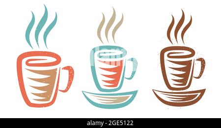 Vector illustration of a cup with coffee or tea in retro style. Vintage logo of hot drink for cafe. Vector icon of coffee or tea mug with plate. Stock Vector