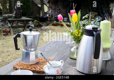 Outdoor Still Life Coffee Pot Cup Croissants Winter Make Coffee Stock Photo  by ©vjSniper 431486850