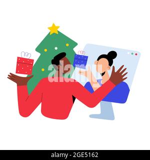 Christmas video call, Young couple celebrating Christmas eve distantly, using video conference, exchanging gifts,vector cartoon illustration Stock Vector