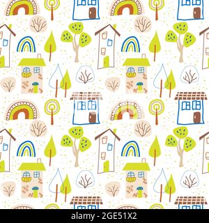 Funny childish drawing of houses, trees and rainbows on a white background. Seamless vector pattern with houses Stock Vector