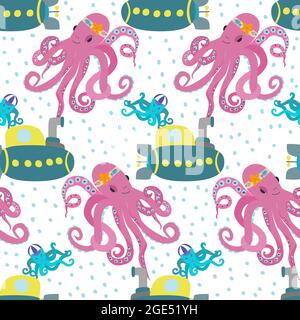 Vector seamless pattern with cartoon octopuses and submarines. Children's sea pattern for textiles and wallpaper. Stock Vector