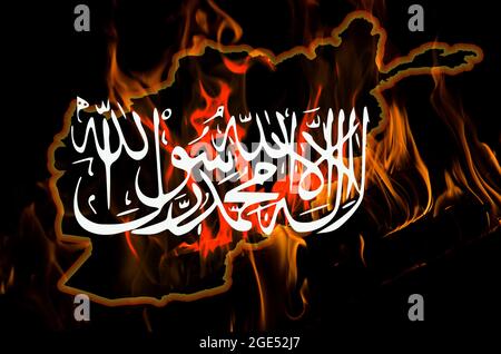 Afghanistan outline map and Taliban insignia with burning fire background. Afghanistan problem concept. Stock Photo