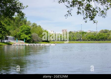 Moscow, Russia - May 23, 2021: Tsaritsinsky pond and park, catamaran rental station, water recreation area Stock Photo