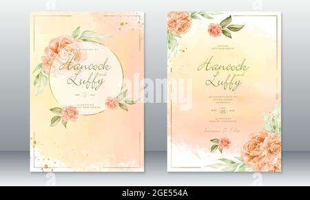 Luxury wedding invitation card template. Elegant of orange with golden frame and watercolor background. Vector illustration.Eps10 Stock Vector