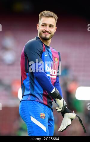 BARCELONA - AUG 15: Arnau Tenas plays at the La Liga match between FC Barcelona and Real Sociedad de Futbol at the Camp Nou Stadium on August 15, 2021 Stock Photo