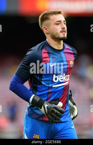 BARCELONA - AUG 15: Arnau Tenas plays at the La Liga match between FC Barcelona and Real Sociedad de Futbol at the Camp Nou Stadium on August 15, 2021 Stock Photo