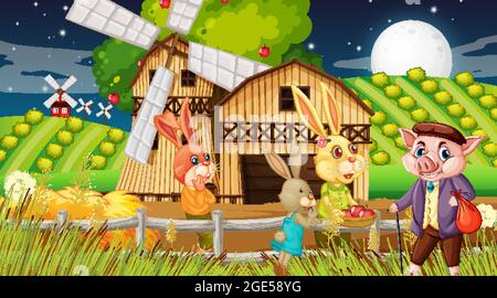 Farm at night scene with rabbit family and a pig cartoon character ...