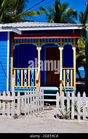 A cute and colorful little wooden building on Caye Caulker, Belize Stock Photo