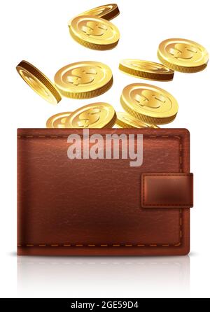 realistic vector leather wallet with golden coins falling in it. Isolated on white background. Stock Vector