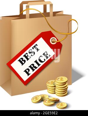 realistic vector best price icon with cartoon paper bag, price tag and golden coins. Stock Vector