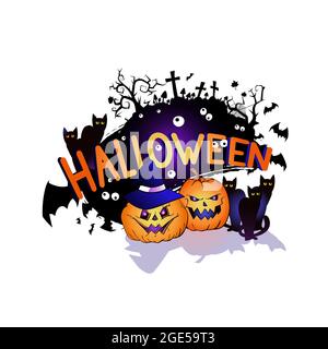 Halloween illustration with smiling Pumpkins, bats and black cats on a white background. Cartoon style., Halloween illustration with smiling Pumpkins, Stock Vector