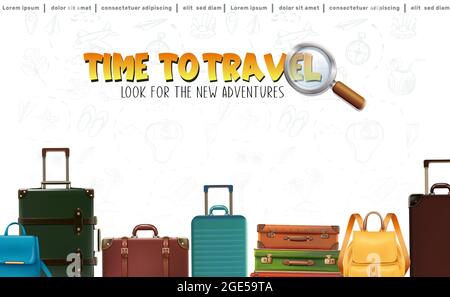 travel background with luggage and backpacks in the row. Stock Vector