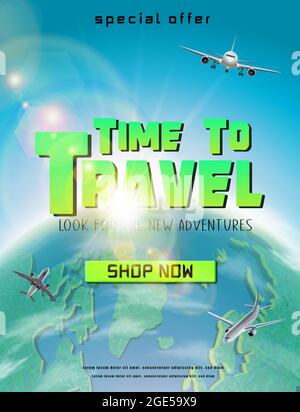 Time to travel banner with green globe and flying planes around. Stock Vector