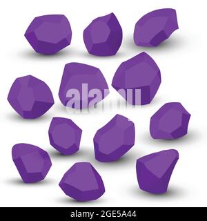 Cartoon stones. Rock stone isometric set. Purple boulders, natural building block shapes, wall stones. 3d flat isolated illustration. Vector Stock Vector
